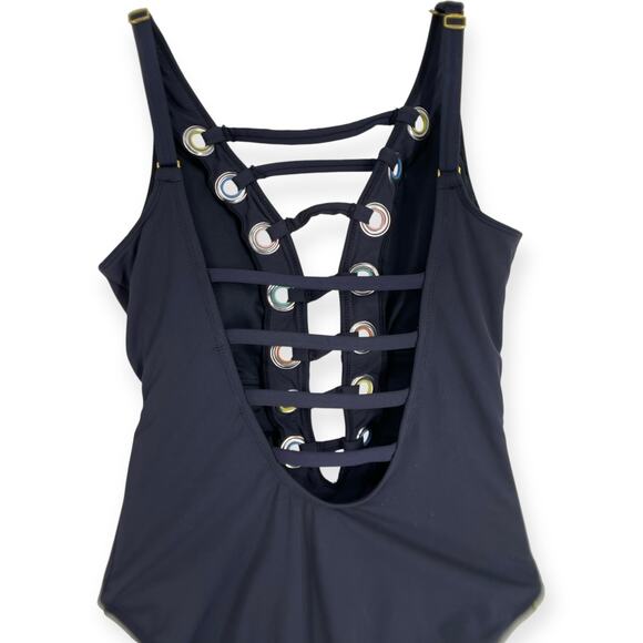 Bleu Rod Beattie Mio Black Rainbow Lattice Criss Cross Plunge Cut Out Swimsuit 6 - Picture 4 of 10